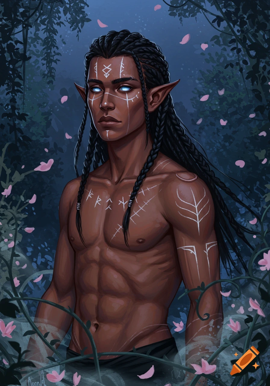 A male fantasy character with dark skin, braided hair, pointed ears, and glowing blue eyes, covered in white tribal markings, standing among pink flowers and dark foliage.