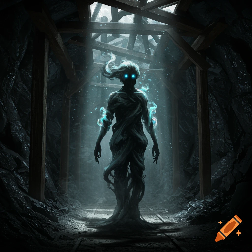 A ghostly, dark humanoid figure with glowing blue eyes and wisps of blue smoke stands in a dimly lit coal mine.