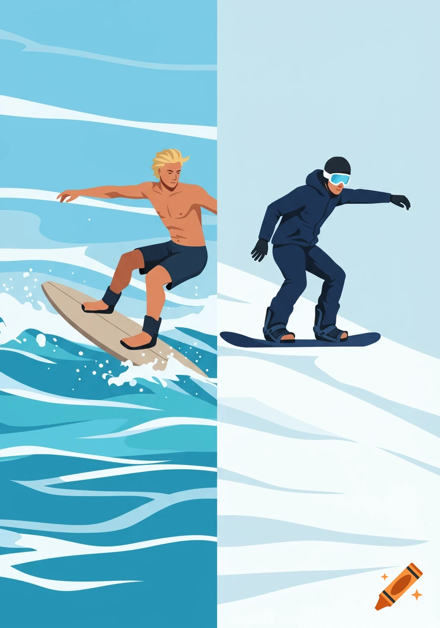 A split-screen illustration showing a blonde man surfing on the left and a man snowboarding on the right.