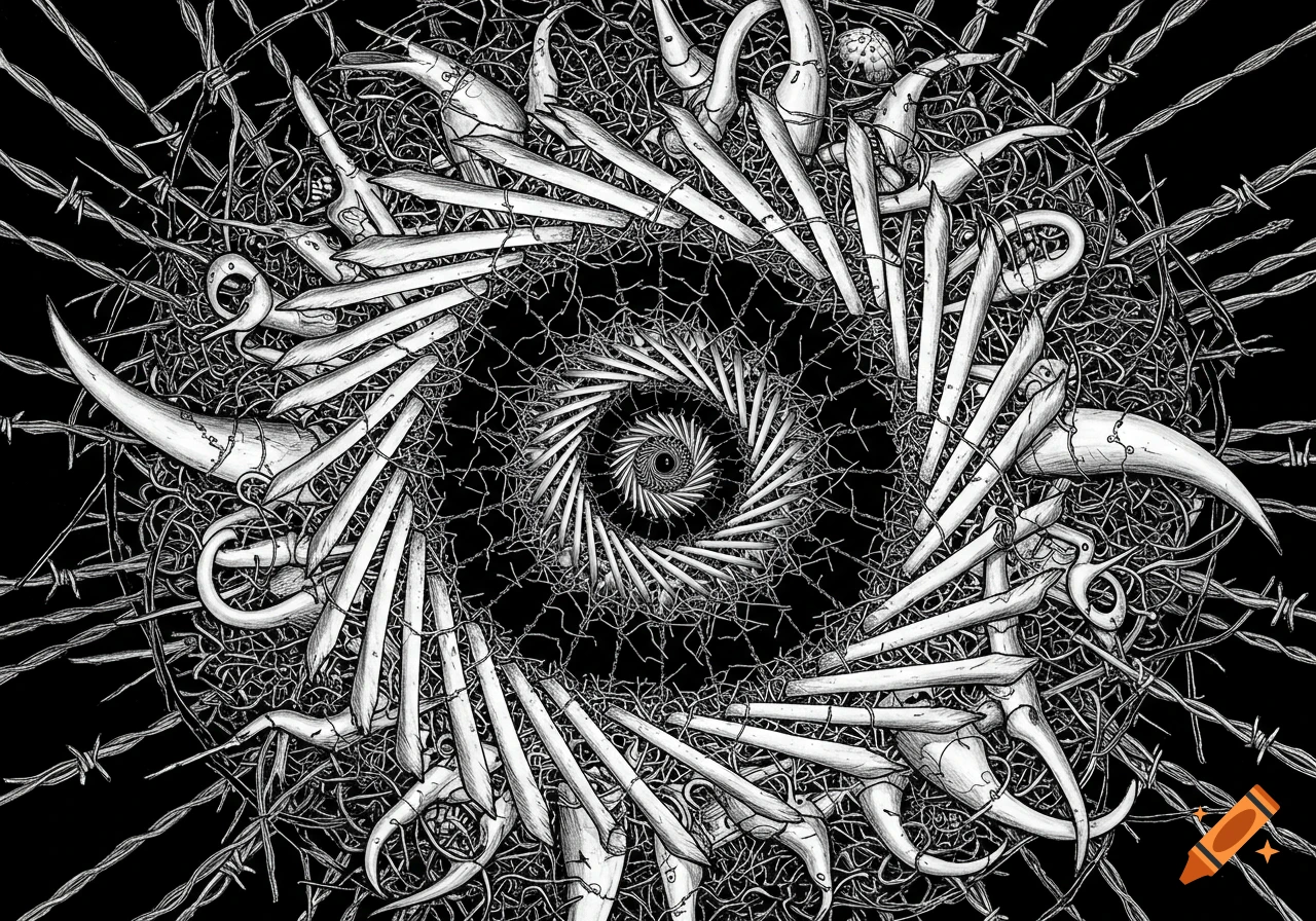 Black and white optical illusion of bones, branches, and barbed wire spiraling inwards, ink style.