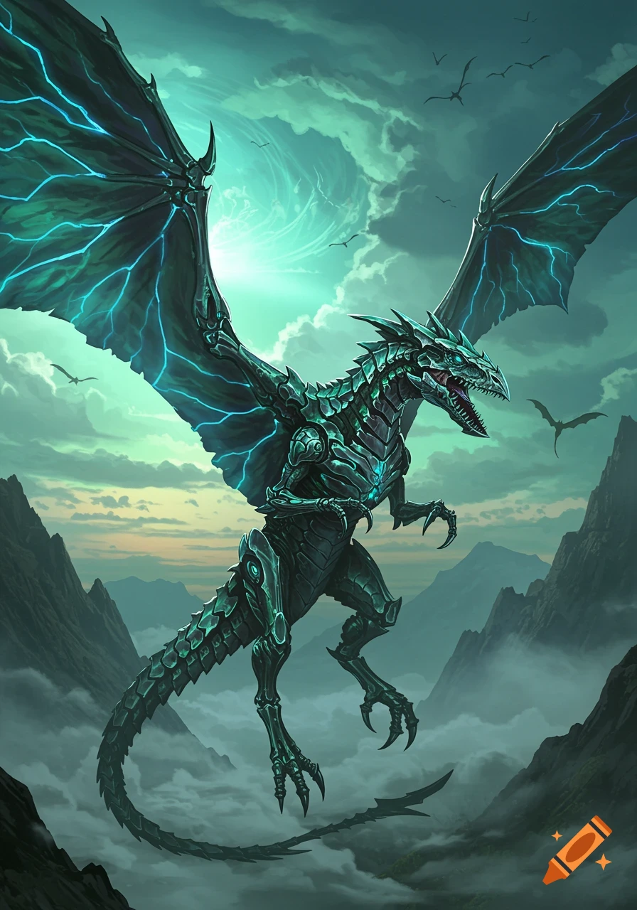 A majestic green and black dragon-like creature with glowing blue patterns on its wings, flying through a cloudy teal sky over mountains.