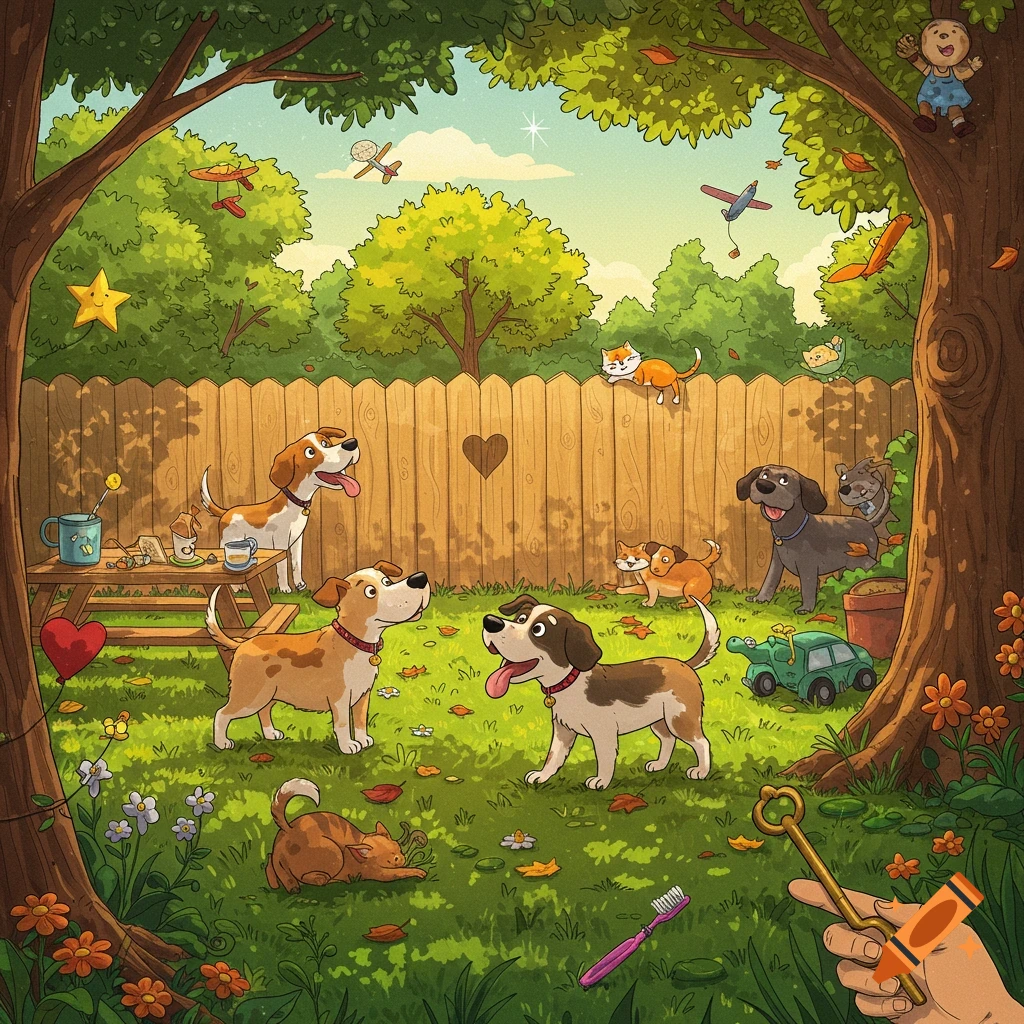 Cartoon illustration of dogs and cats playing in a green backyard with a wooden fence and trees, with hidden objects.