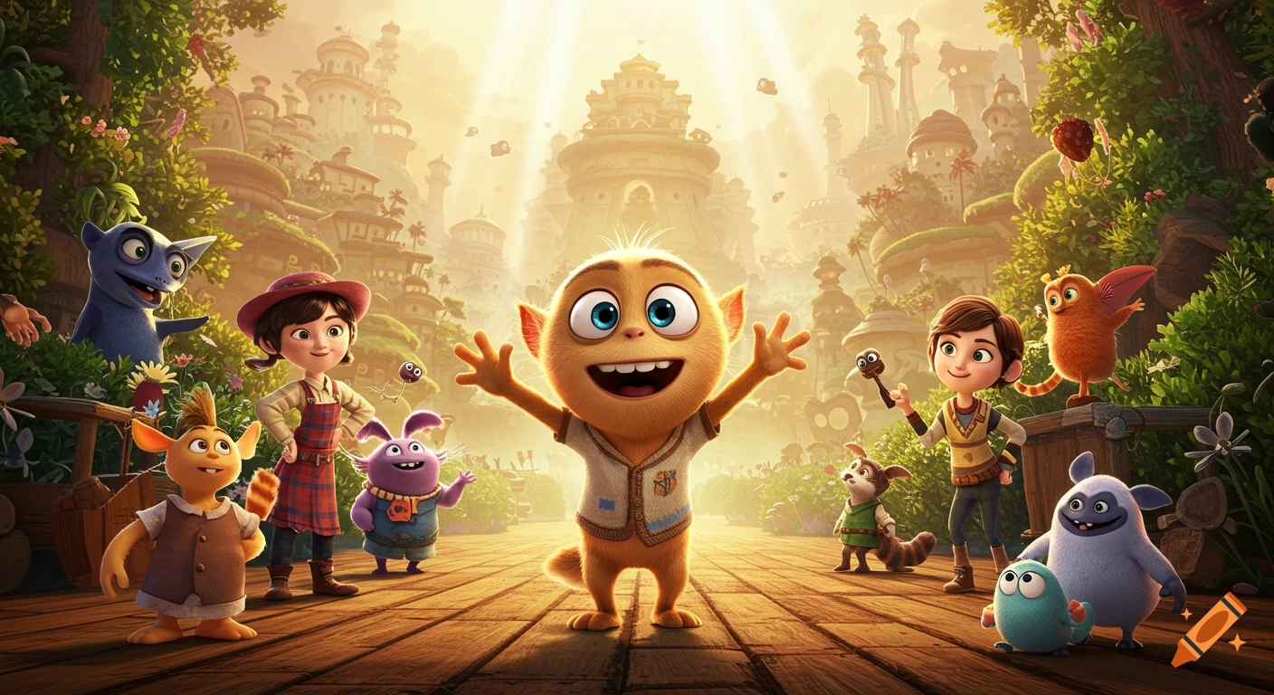 A vibrant animated scene featuring a group of diverse, friendly cartoon creatures and two human children in a whimsical, fantastical town with ornate buildings under a bright sky. The central furry orange creature stands with arms open.