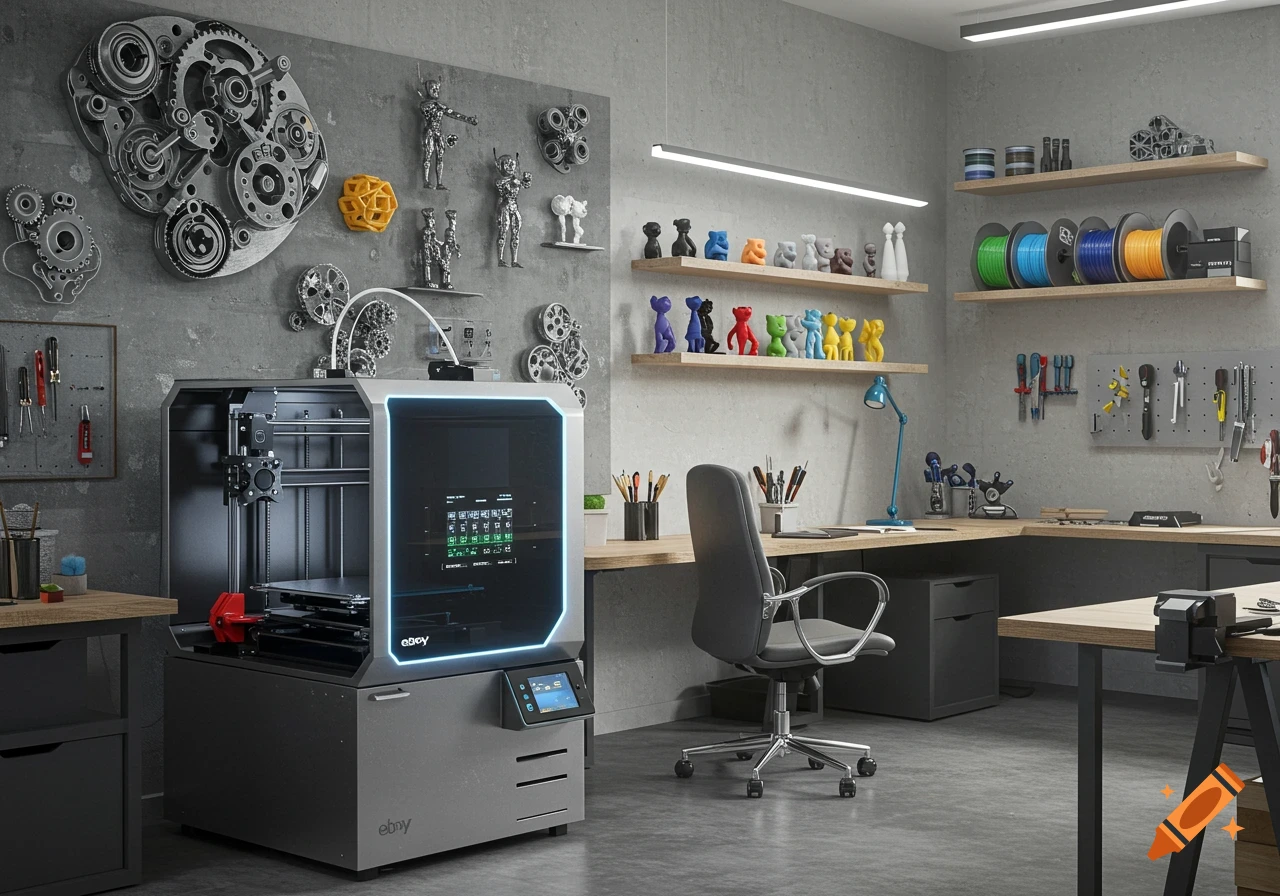 A clean workshop featuring a large 3D printer, shelves with colorful bear figurines and filament spools, and various tools, in a photorealistic style.