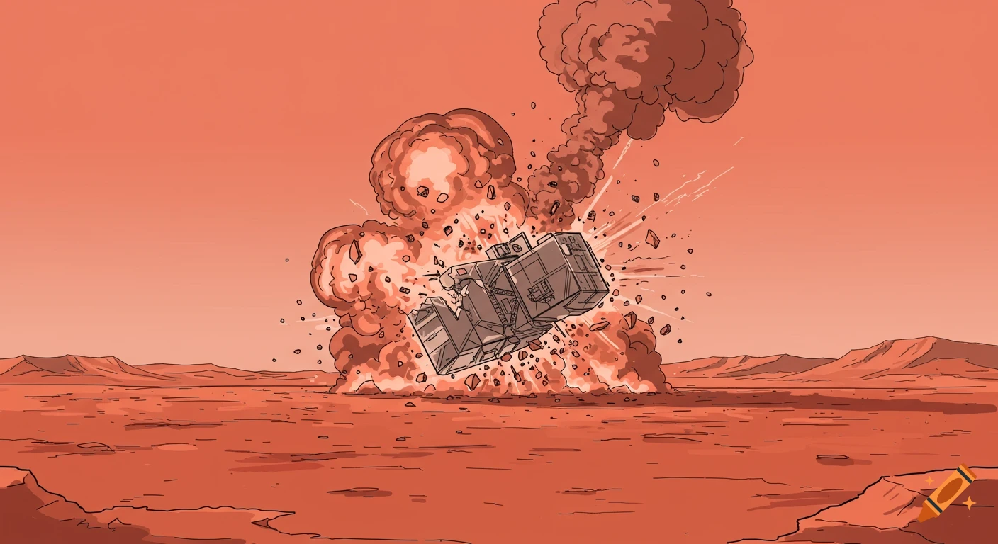 A futuristic vehicle explodes in a barren, reddish desert, cartoon style.