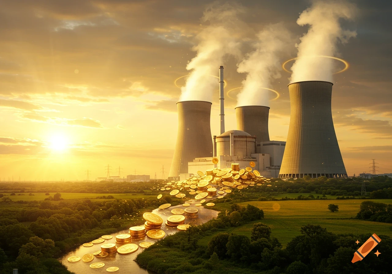 A nuclear power plant at sunset, with a river of gold coins flowing through a green landscape.