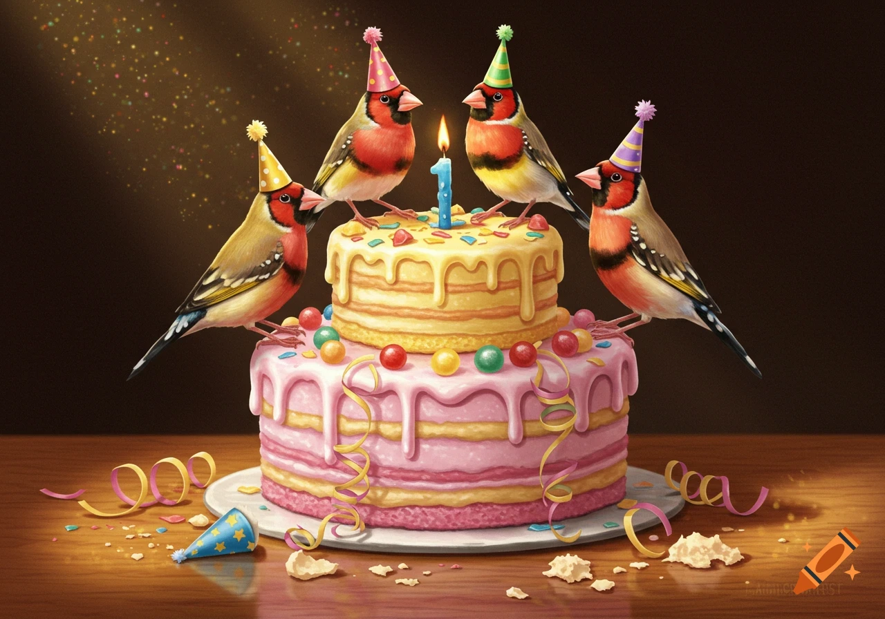 Four finches wearing party hats stand on and around a two-tier birthday cake with a lit number one candle. The cake is decorated with pink and yellow icing, sprinkles, and colorful candies. Streamers and crumbs are scattered on the wooden table.
