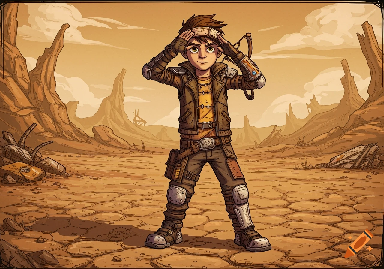Cartoon illustration of a young boy in a post-apocalyptic desert landscape, designed in the Borderlands art style.