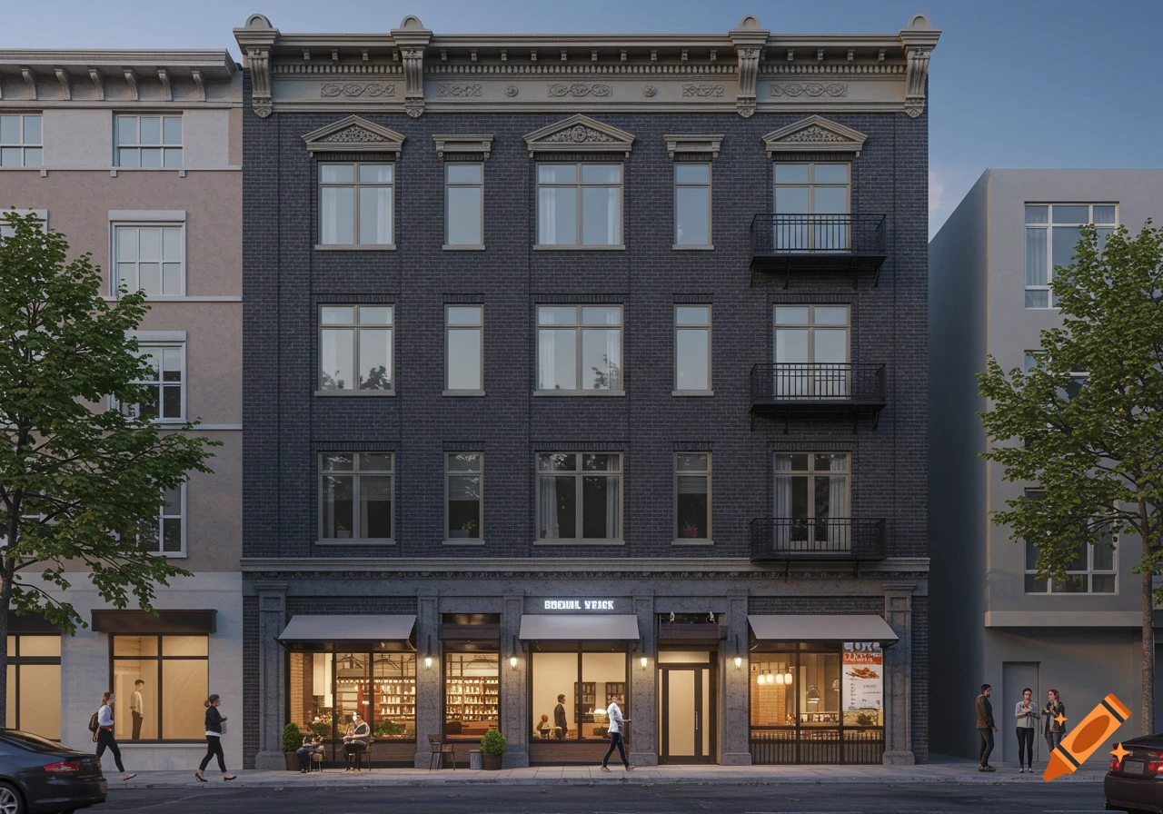 Photorealistic rendering of a classic six-story dark brick commercial building with street-level shops and pedestrians.
