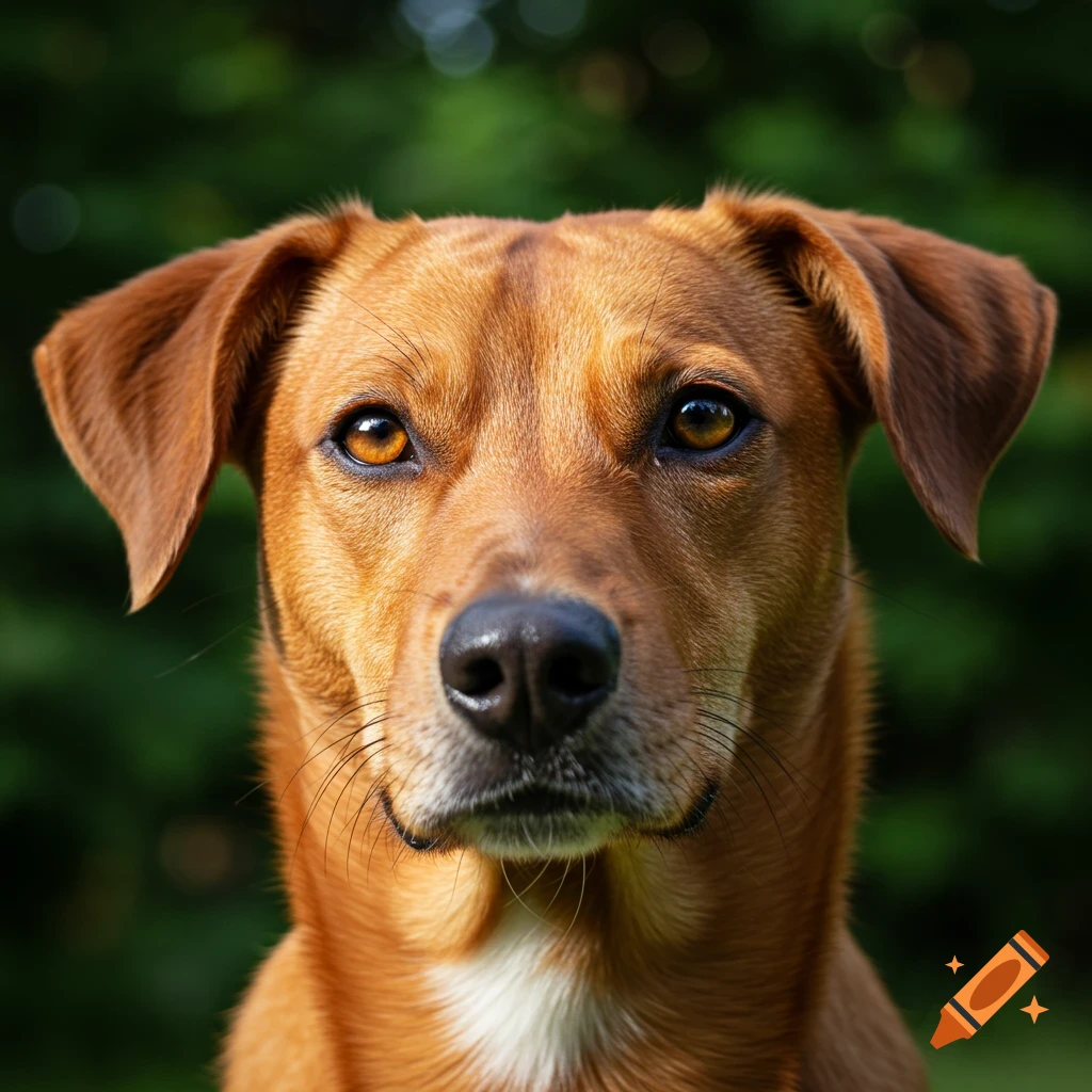 Close-up photorealistic portrait of a brown dog with bright amber eyes against a blurred green background.
