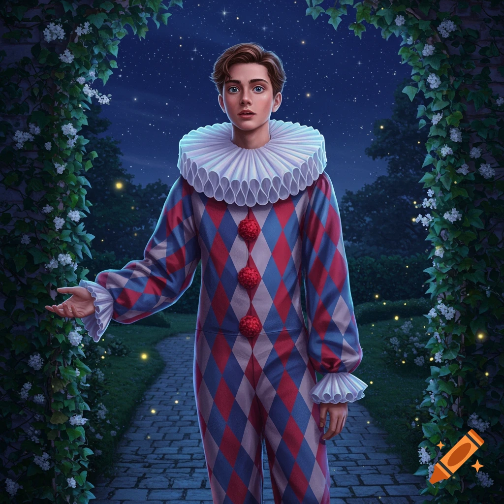 A teenage boy in a harlequin-patterned clown jumpsuit and ruffled collar stands under a leafy archway in a starlit garden.