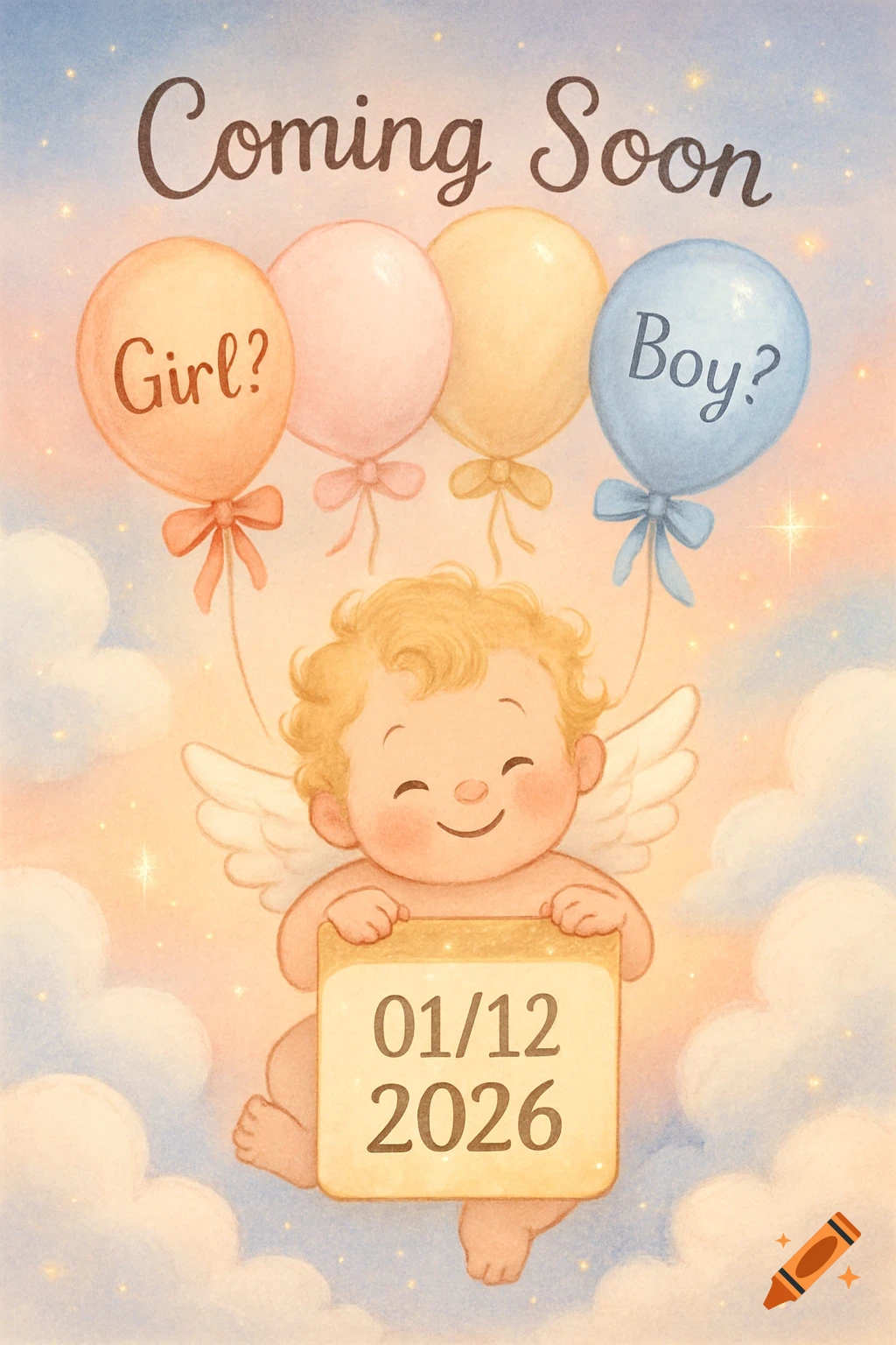 Watercolor illustration of a baby cherub holding a calendar with '01/12 2026' and balloons saying 'Girl?' 'Boy?' under 'Coming Soon'.