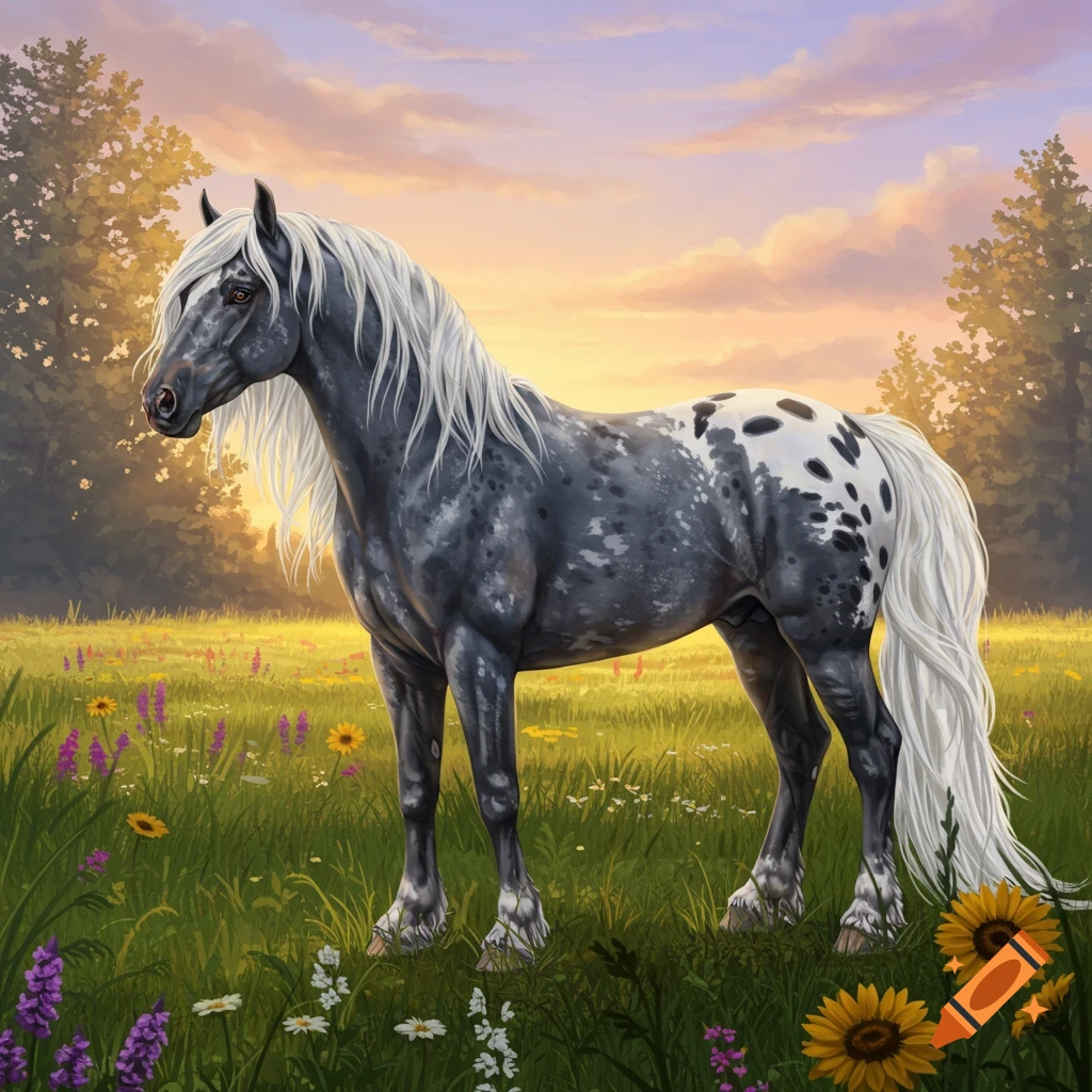 A blue roan Appaloosa horse with a white mane and tail stands in a field of wildflowers at sunset.