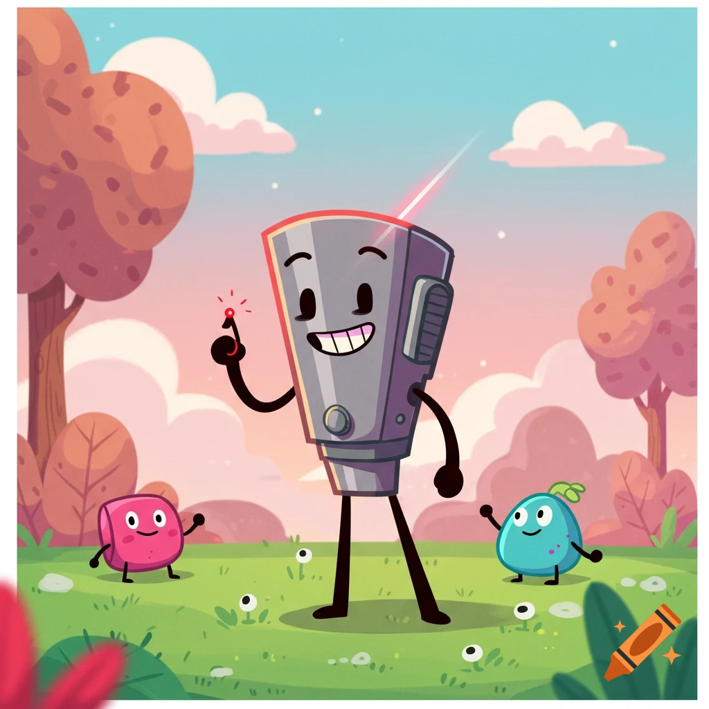 A happy anthropomorphic laser pointer character with a glowing red dot stands in a vibrant green field with two small blob creatures, cartoon style.