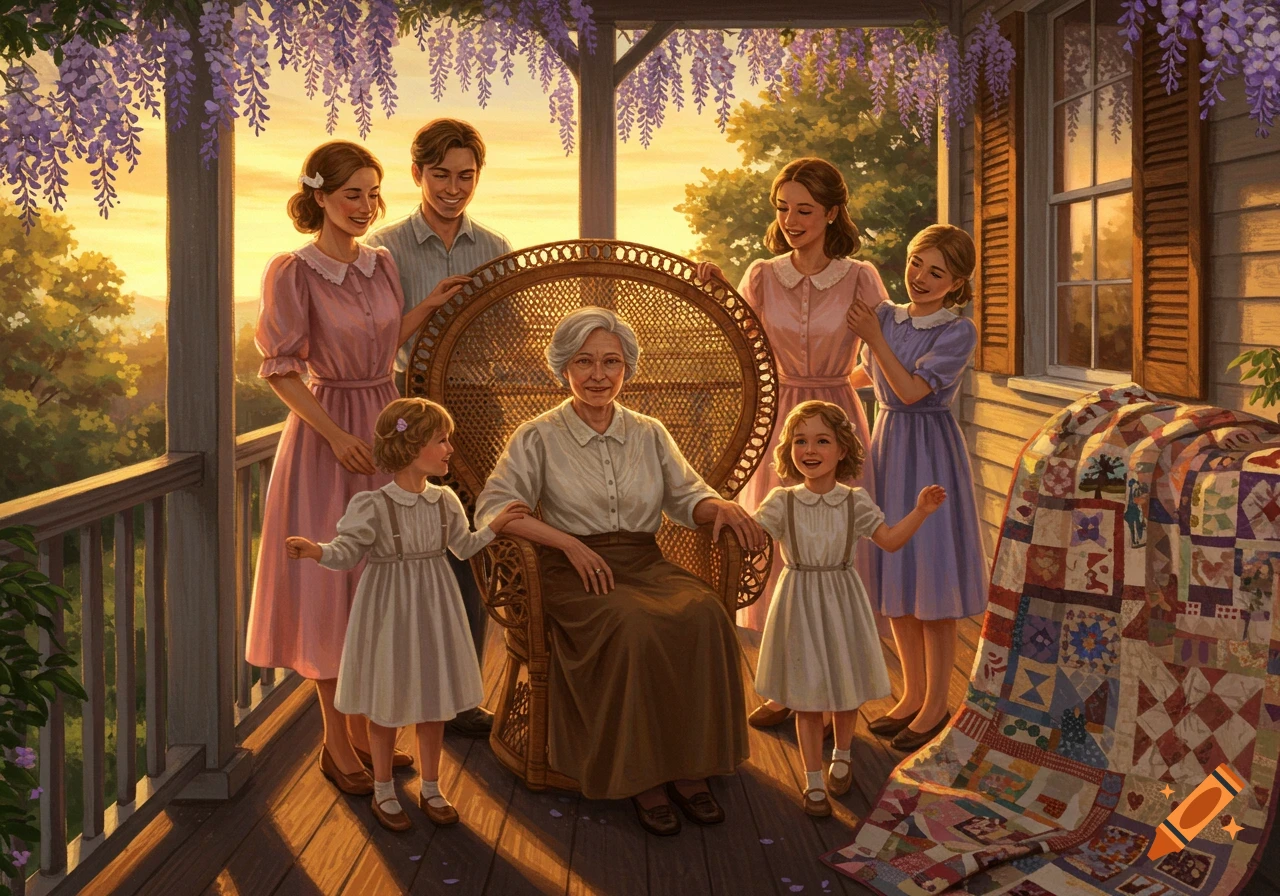 A multi-generational family on a porch with wisteria and a quilt, bathed in warm sunlight.