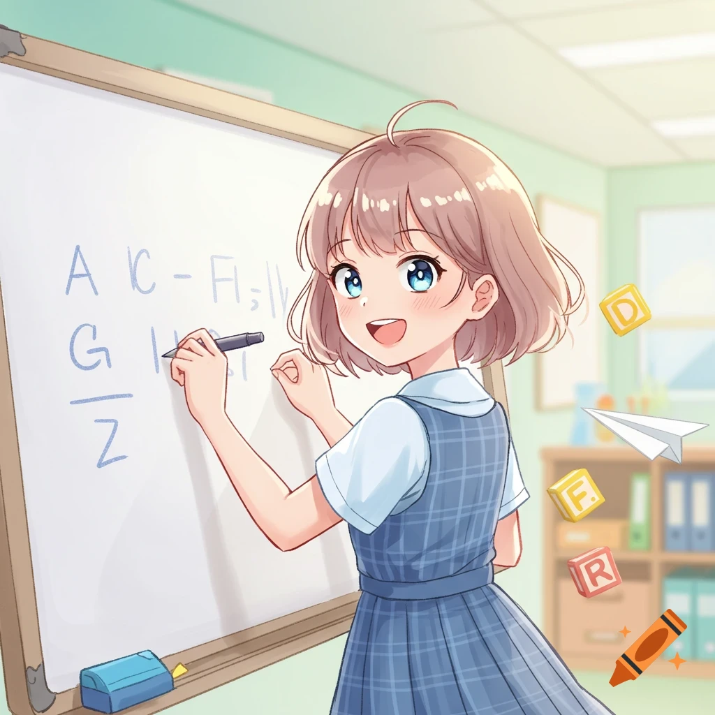 Anime-style girl with short brown hair writing on a whiteboard in a classroom.