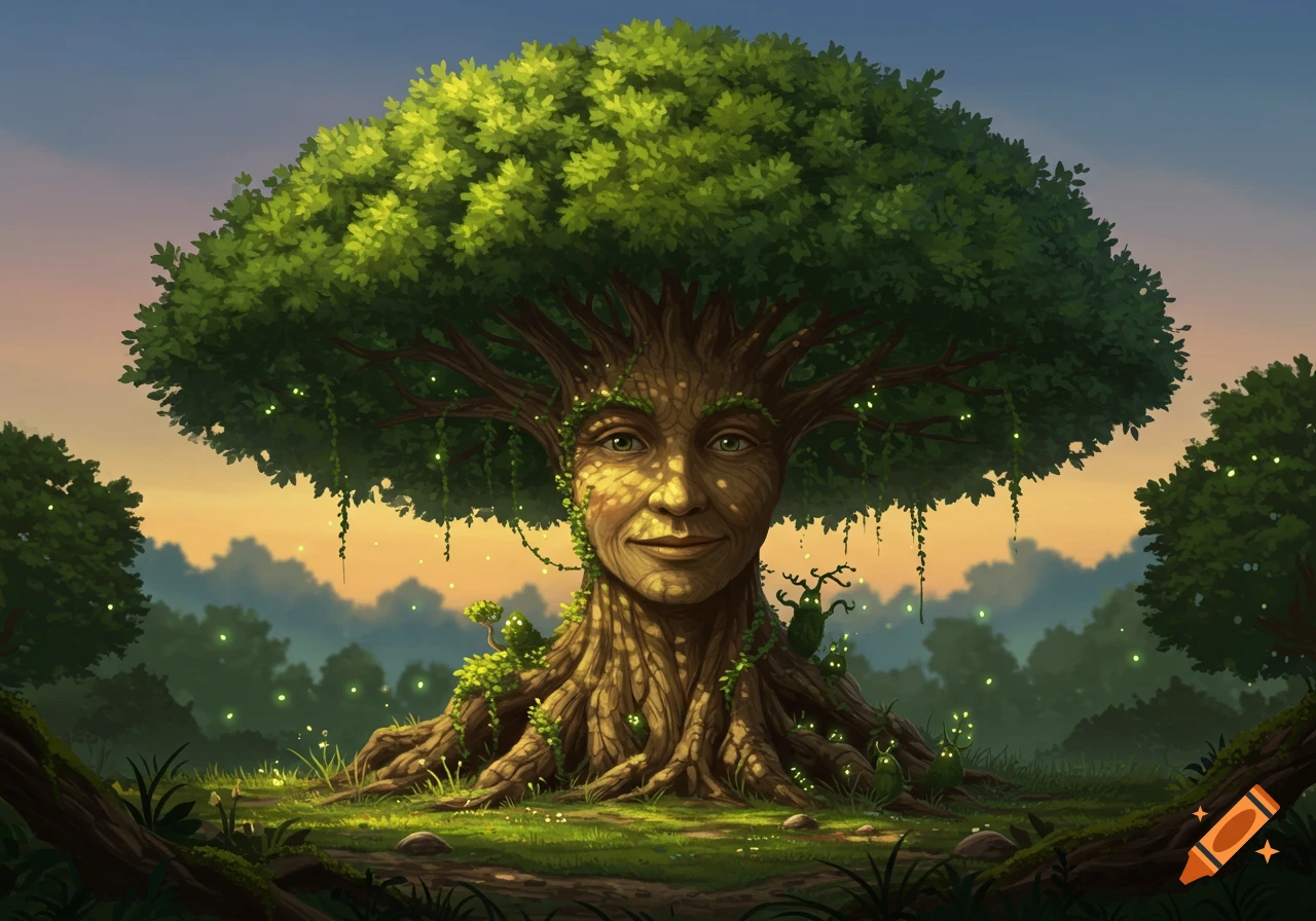 A large, ancient tree with a humanoid face on its trunk and lush green foliage, in a mystical forest with glowing lights.