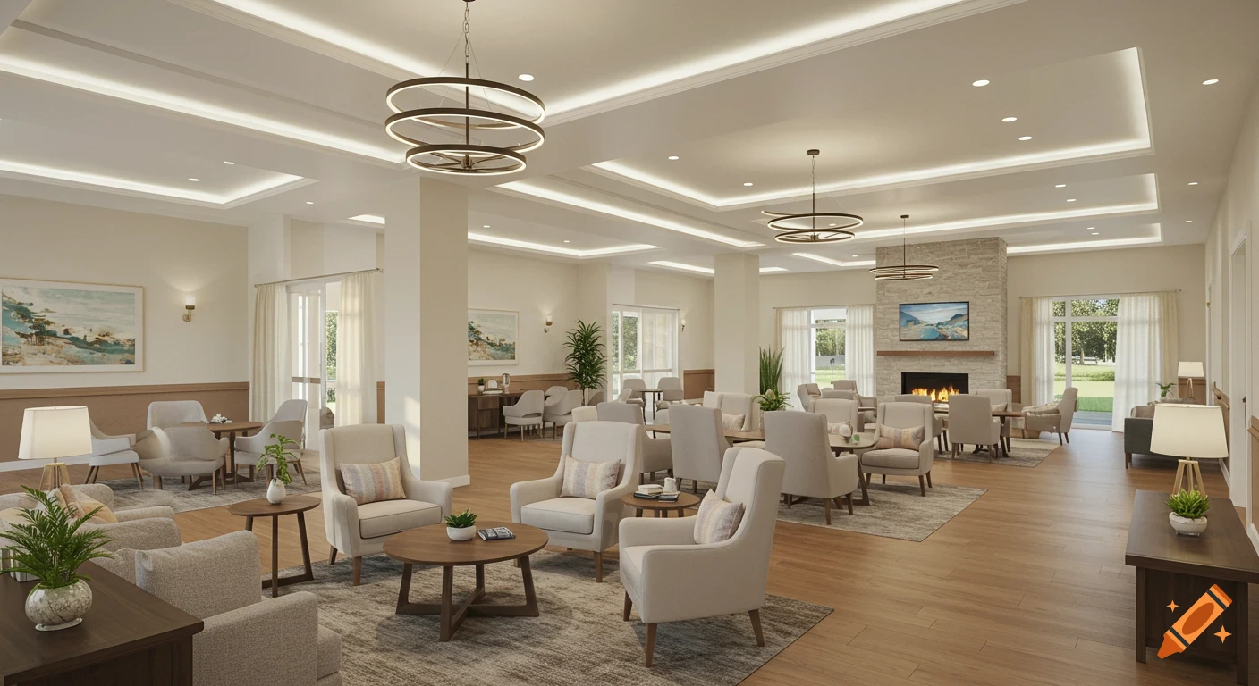 A bright, spacious, photorealistic render of an aged care facility lounge with multiple seating areas, a fireplace, and large windows.