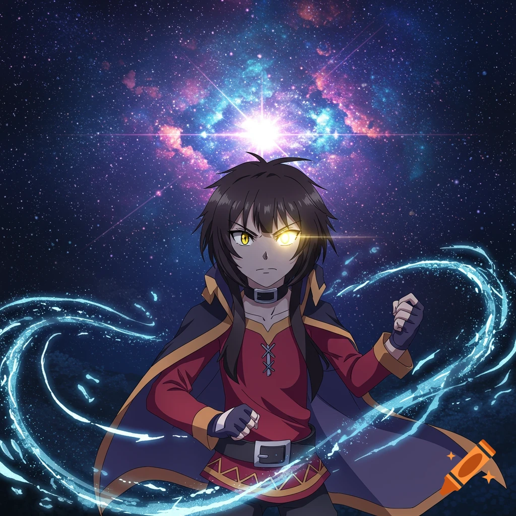 Anime character with glowing yellow eye and black and red outfit, casting a spell with blue energy against a star-filled galaxy background.