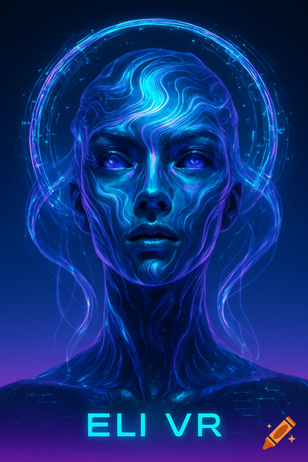 A futuristic portrait of a human-like figure with glowing blue and purple lines, labeled 'ELI VR'.