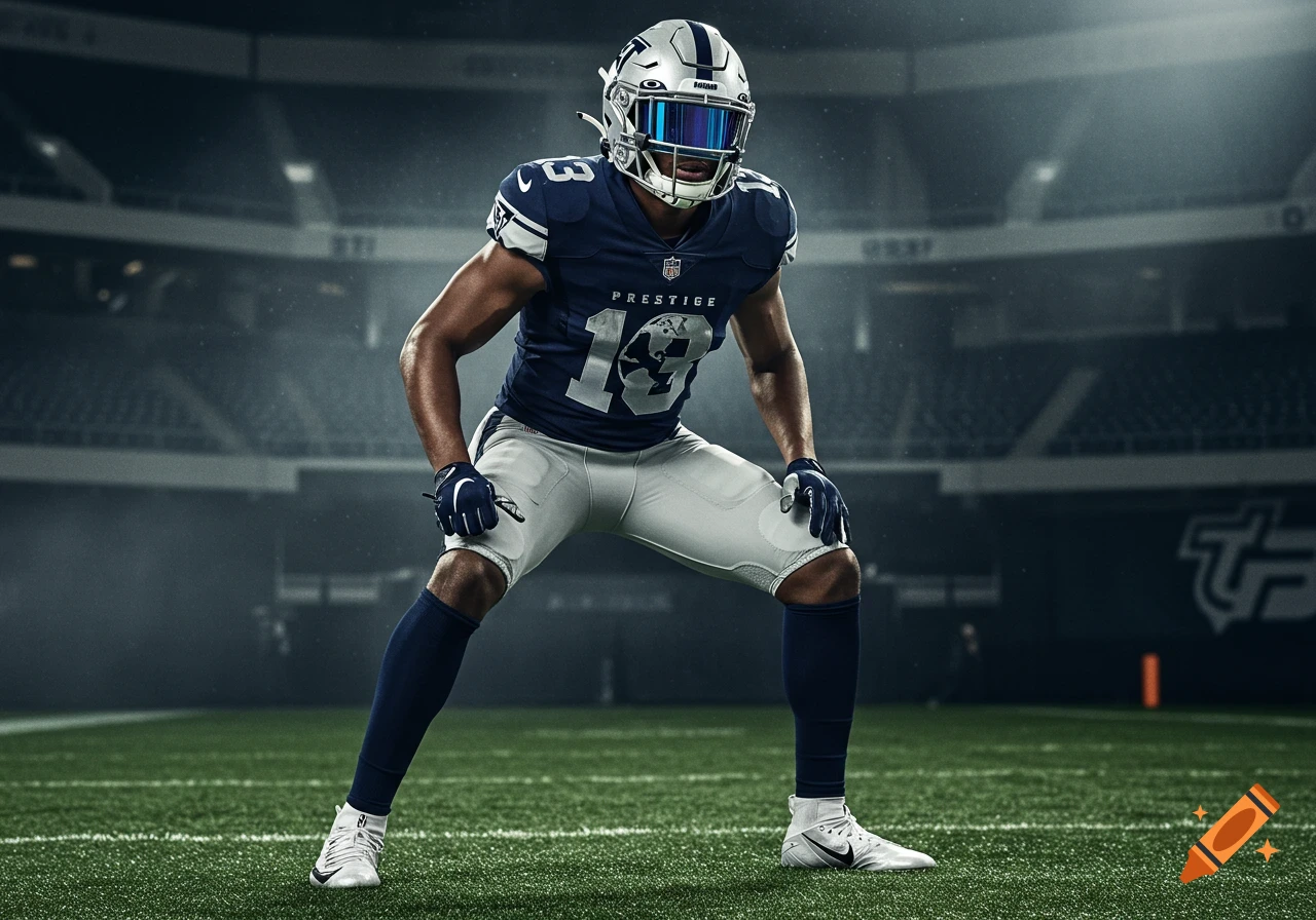 A photorealistic image of an American football player in a blue and white uniform with the word "PRESTIGE" on the chest, in a stadium.