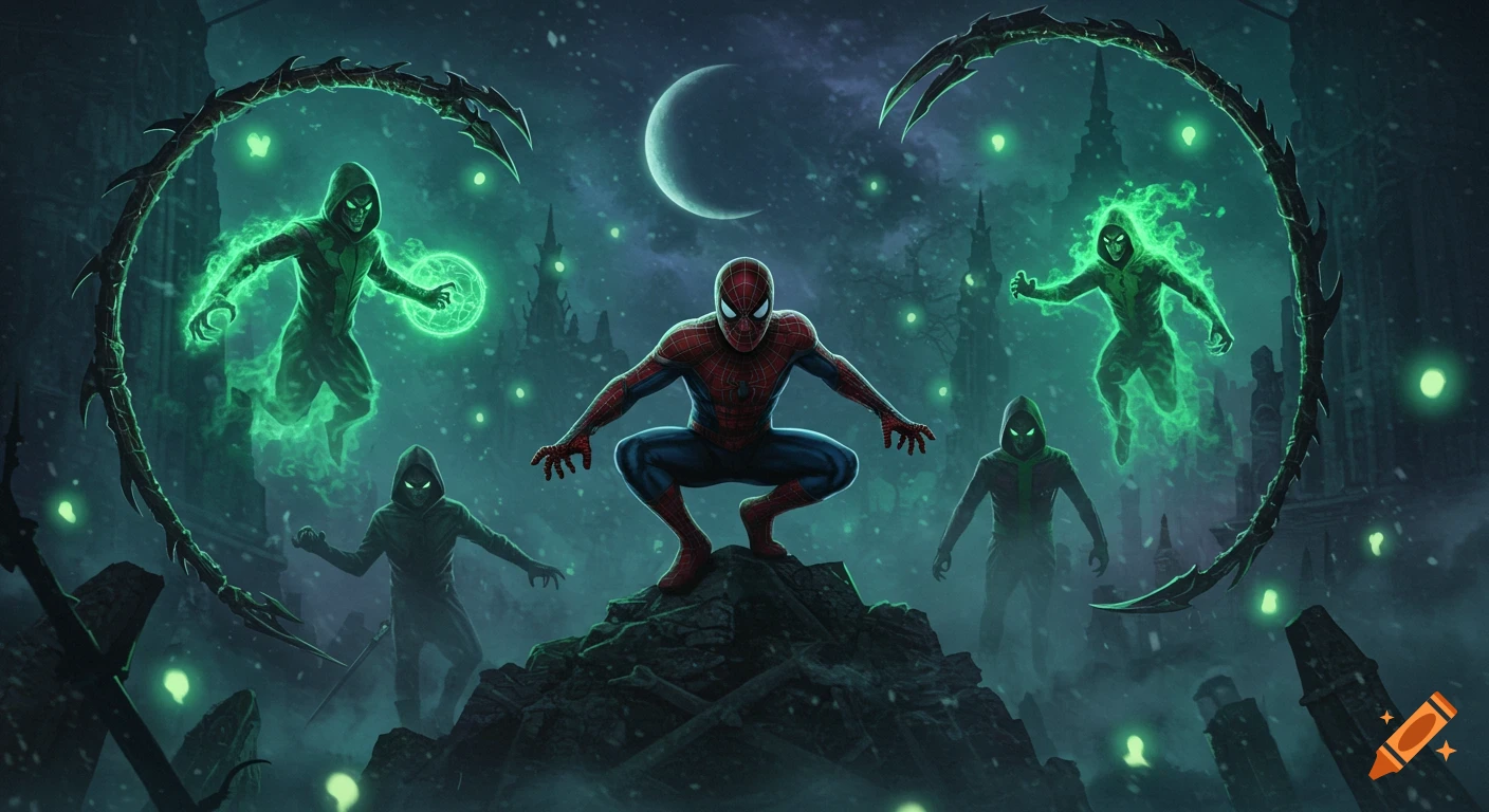 Spider-Man crouches on rubble against a dark, snowy gothic city, facing four glowing green hooded figures under a crescent moon.
