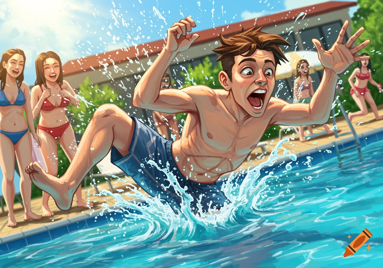 Energetic cartoon illustration of a young man dramatically falling into a swimming pool, splashing water as laughing friends watch on a sunny day.