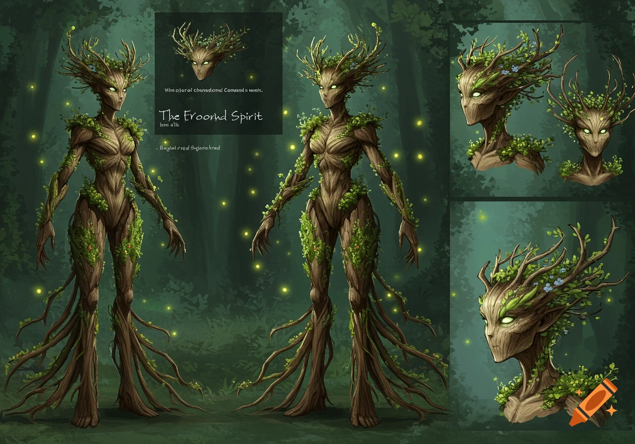 Concept art sheet of a woodland spirit made of bark and leaves with glowing eyes in a forest, surrounded by fireflies.