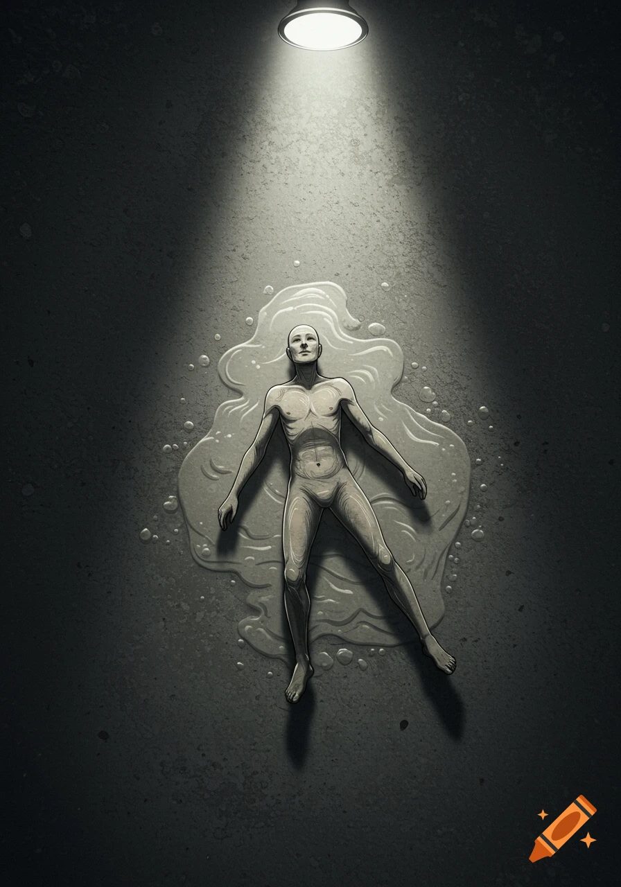Stylized top-down illustration of a nude figure lying in a pool of pale liquid on a dark floor, illuminated by a single spotlight.