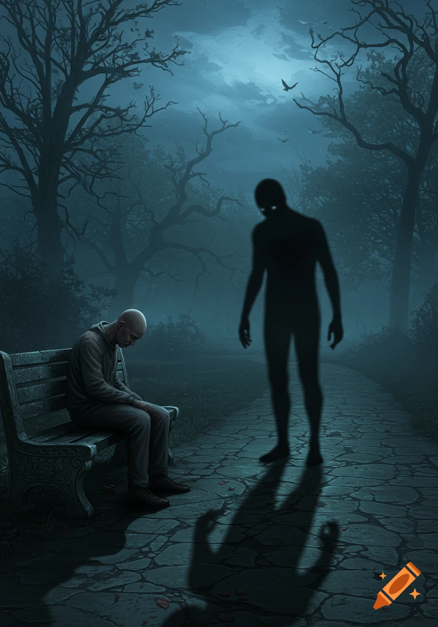 A bald man sits slumped on a park bench at night, as a glowing-eyed shadow figure emerges from his shadow on a moonlit path.