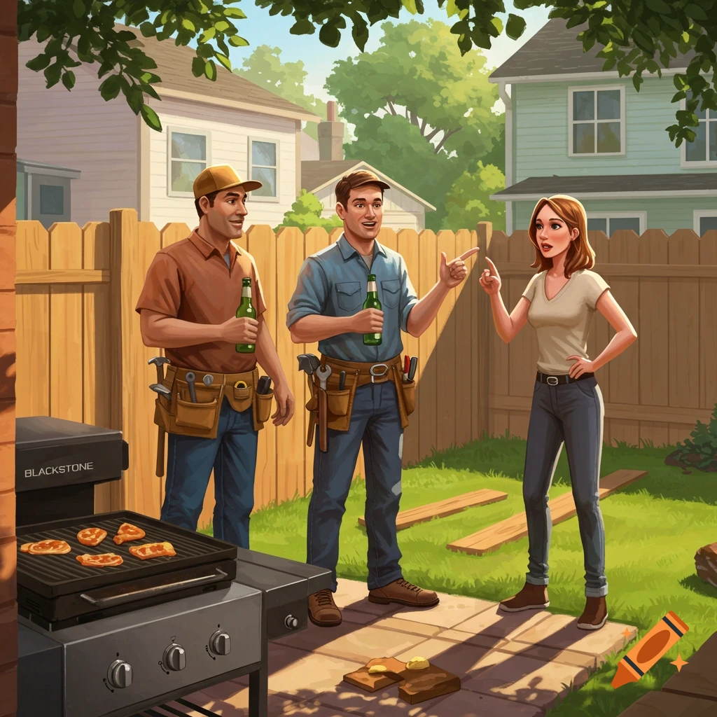 Cartoon illustration of two men in tool belts and one woman in a backyard with a fence, a grill, and wooden planks. The men hold beers while pointing at the woman, who also points.