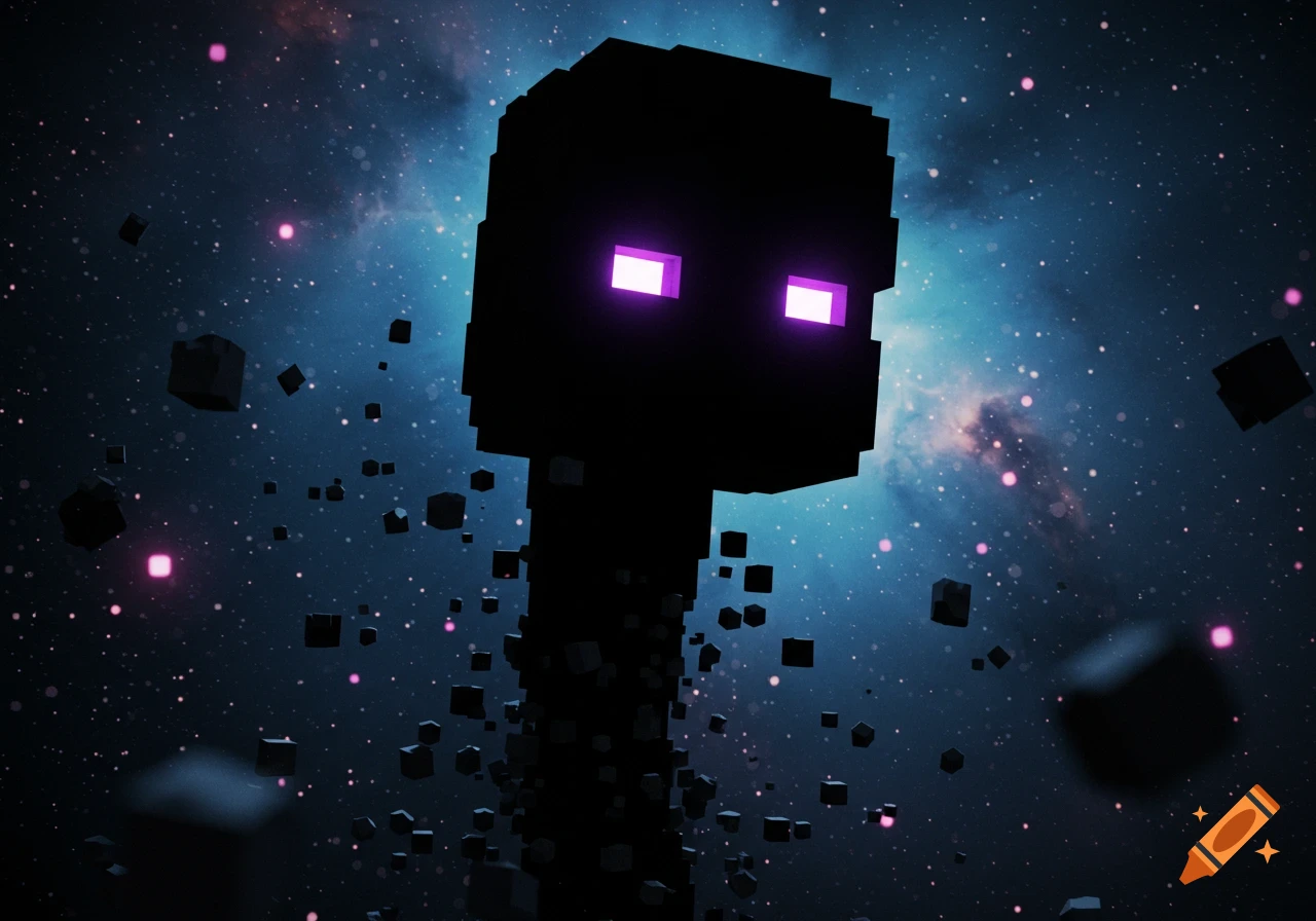 A hyper-realistic pixelated Enderman with glowing purple eyes emerges from a cosmic background with scattered blocks and stars.