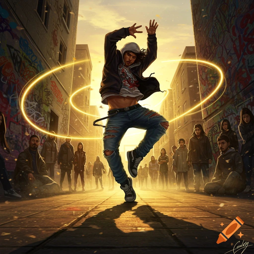 A male dancer in ripped jeans and a hoodie jumps mid-air with outstretched arms, illuminated by glowing rings in a graffiti-filled alley at sunset, surrounded by a crowd.