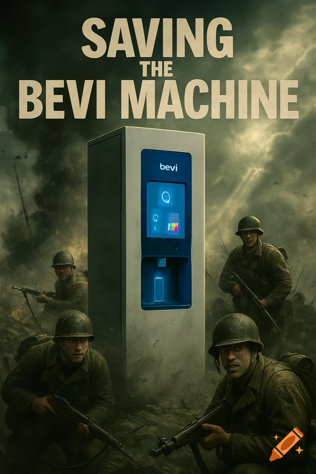 Dramatic movie poster showing a Bevi machine in a war-torn landscape, surrounded by soldiers, reminiscent of Saving Private Ryan.