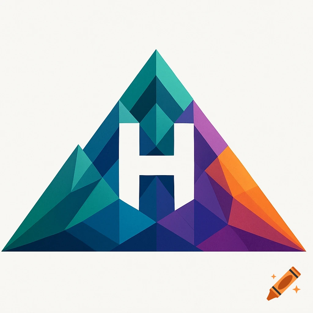 A colorful geometric logo featuring a white letter H embedded within a stylized mountain range made of triangles.
