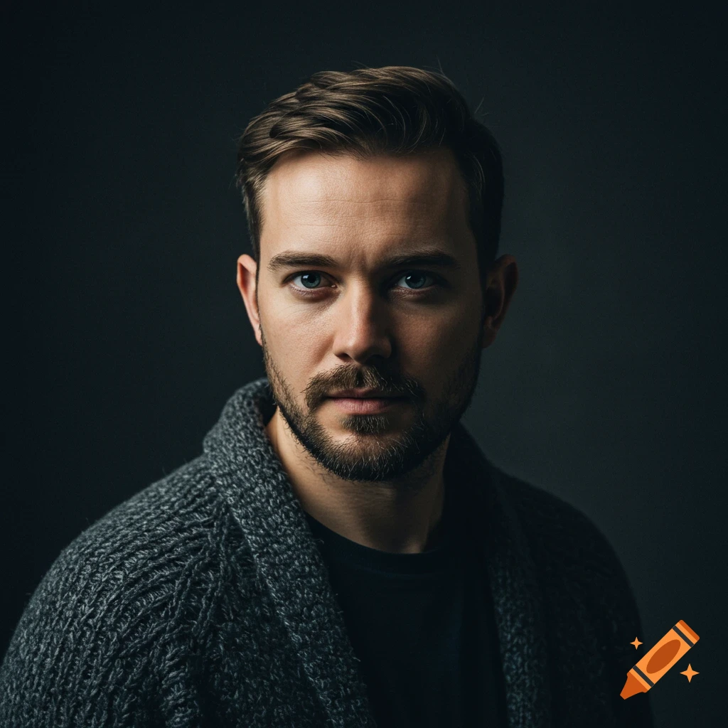 A photorealistic portrait of a man with a beard and brown hair, wearing a grey knitted cardigan, looking directly at the viewer.