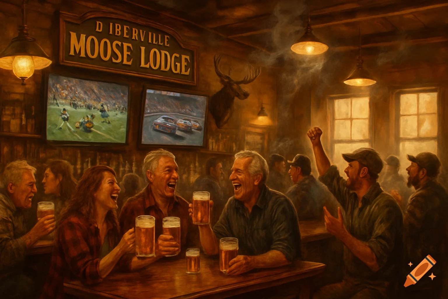 People cheer and laugh in a rustic bar with TVs showing football and NASCAR, painted in a realistic style.