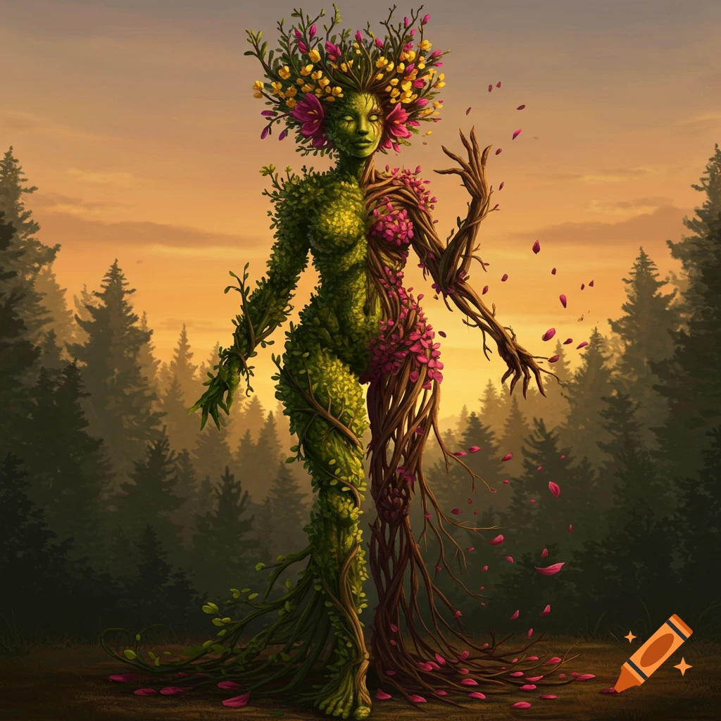 A fantastical woman made of green leaves on one side and bare branches with pink flowers on the other, standing in a forest at sunset.