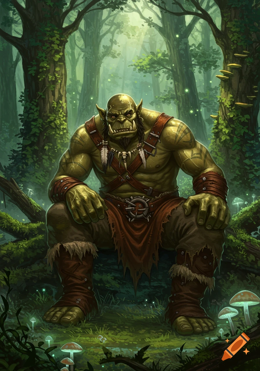 A muscular, green-skinned orc sits in a glowing, magical forest with tall trees and mushrooms.