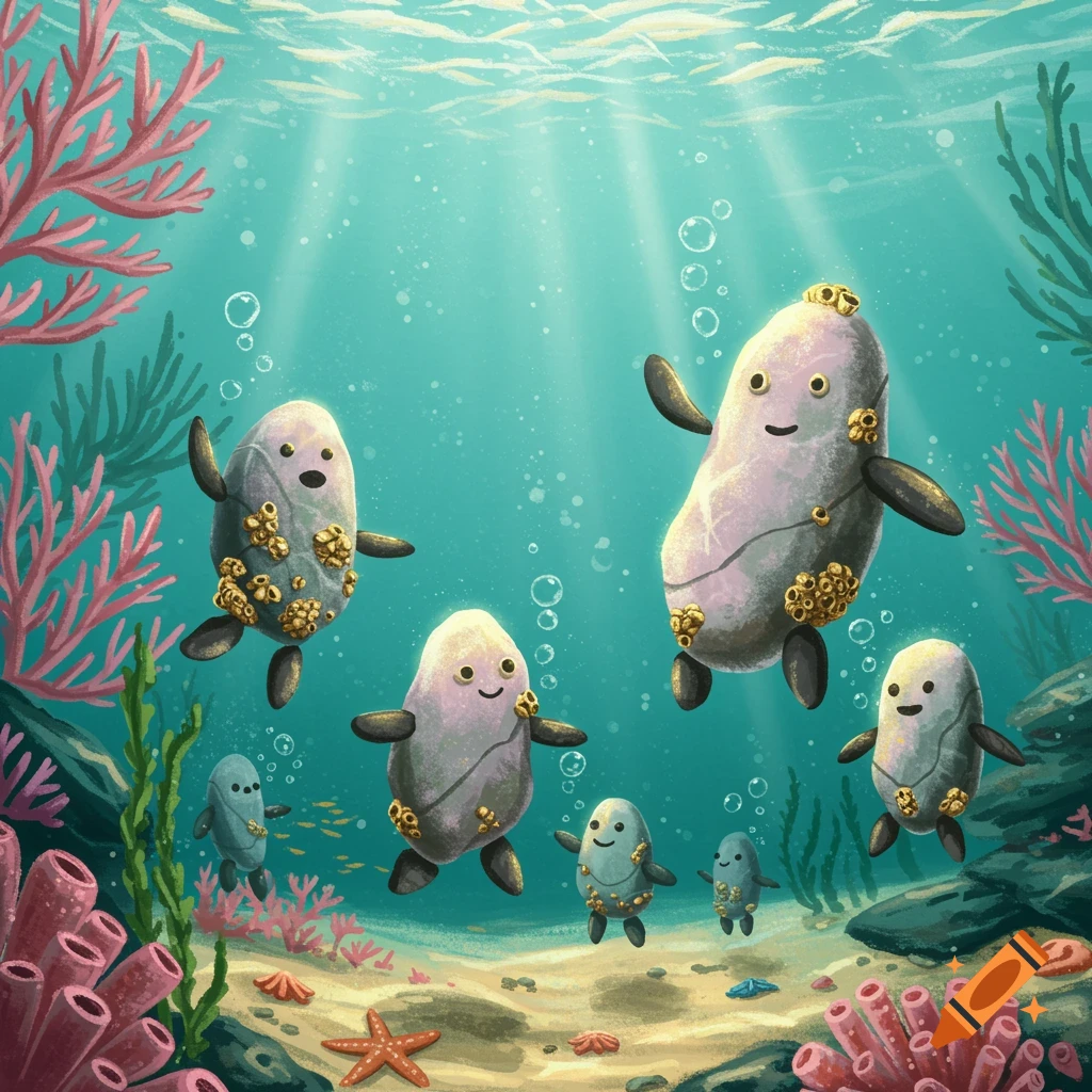 Illustrated underwater scene with anthropomorphic rocks adorned with barnacles swimming among coral and sea plants.