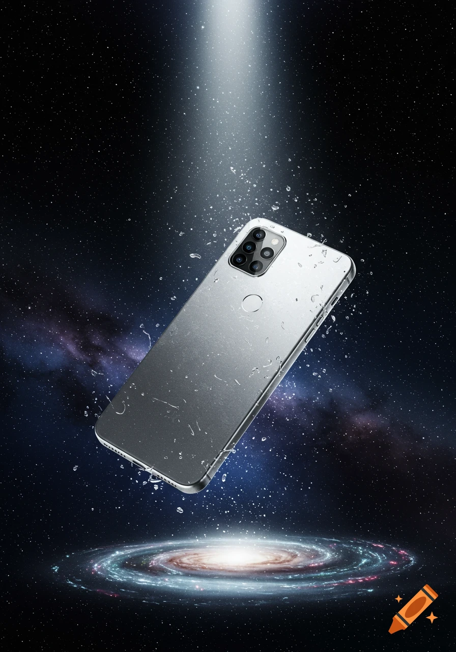 A silver smartphone with water droplets floats in a cosmic scene, with a galaxy swirling below and a light beam from above.