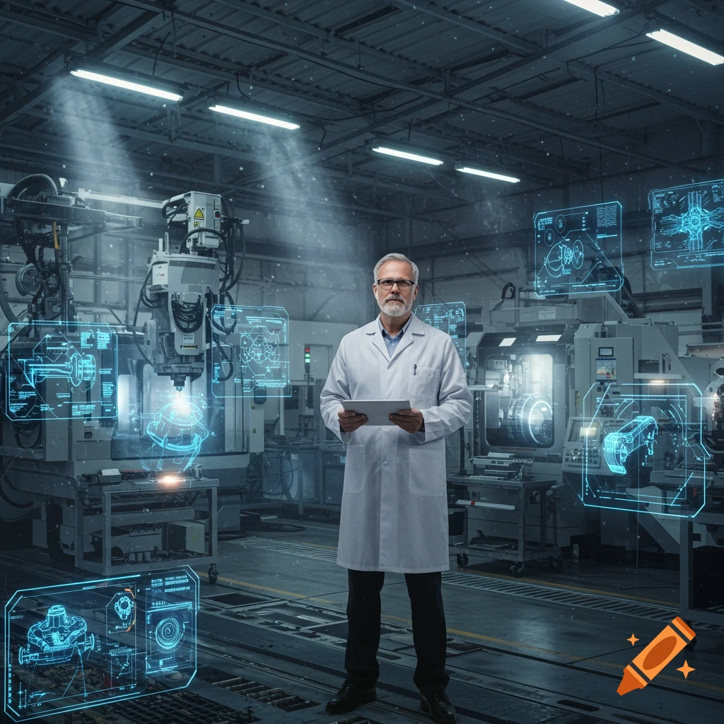 A photorealistic image of an engineer in a lab coat standing in a factory with glowing blue holographic diagrams of machinery.