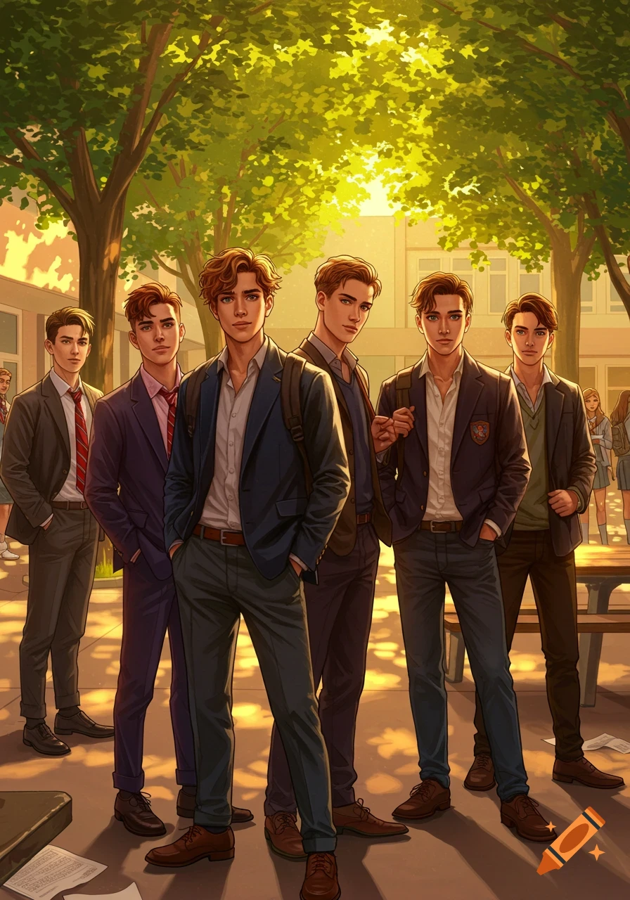 Five young men, likely high school students, stand in a sunny schoolyard in an anime-illustration style.