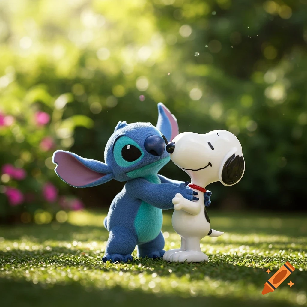 Stitch and Snoopy figurines hugging on green grass with blurred trees and flowers in the background.