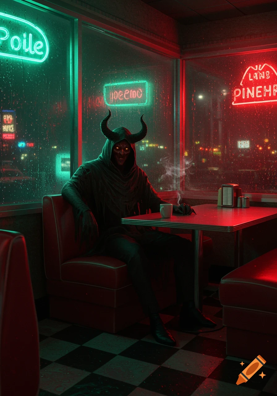 A horned demon with glowing eyes sits in a dark, neon-lit diner booth on a rainy night, smoke rising from a cup.