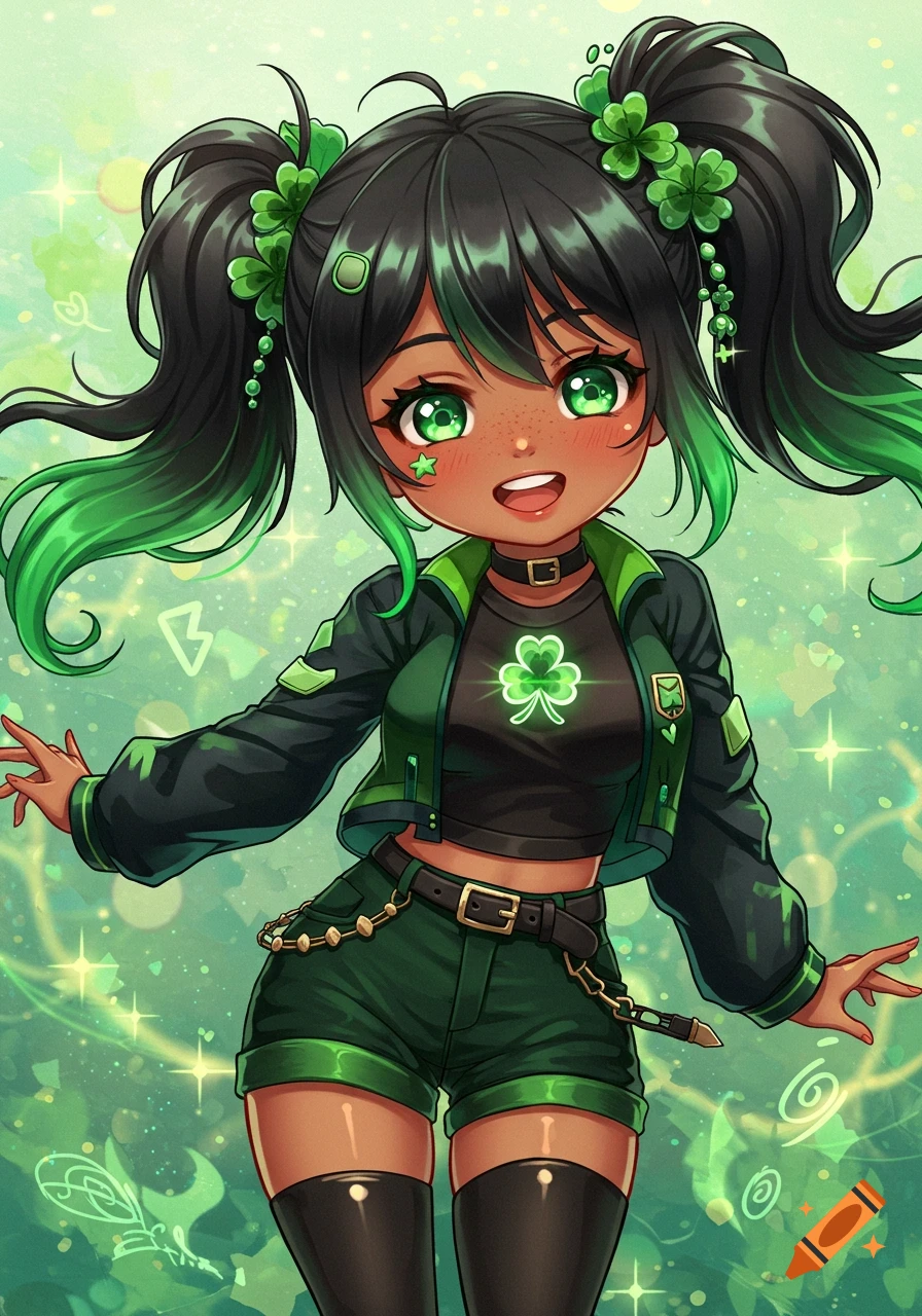 A cute anime girl with dark and green pigtails, green eyes, and freckles, wearing a black and green outfit with a clover emblem, against a sparkling green background.