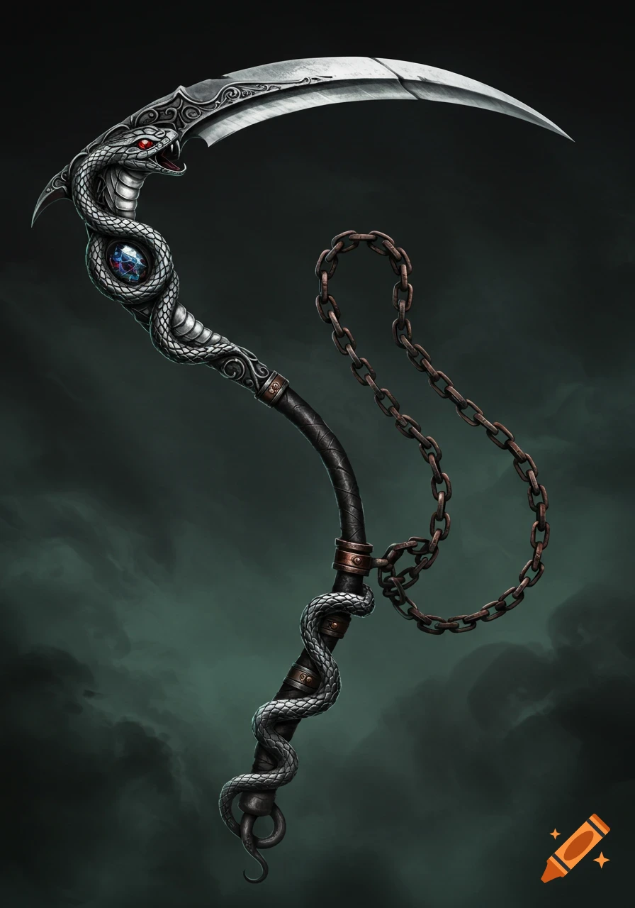 A detailed fantasy scythe with an ornate snake-head hilt, glowing blue gem, and a long chain. Set against a dark, cloudy background.
