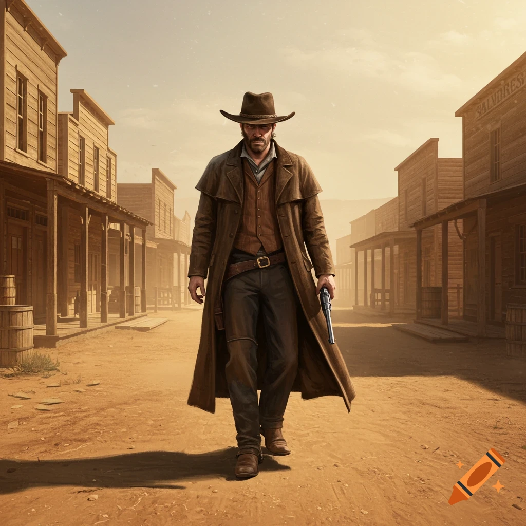 A lone cowboy with a duster coat and hat walks through a dusty Western town, holding a gun, ready for a showdown.