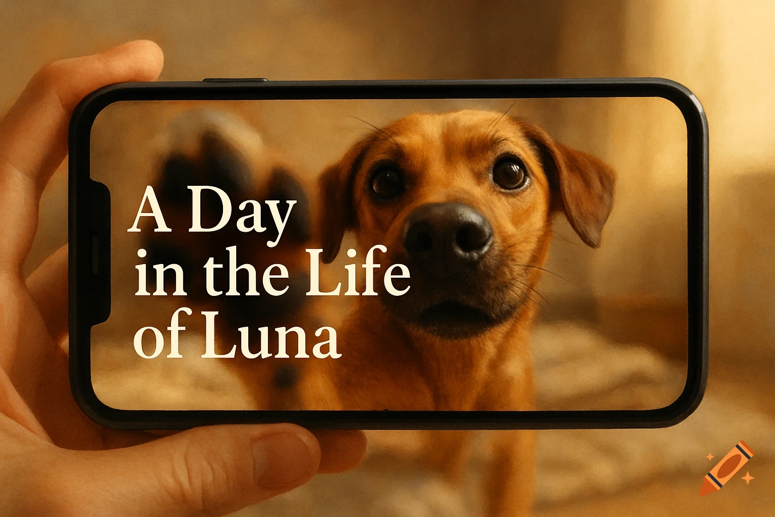 A hand holds a smartphone displaying a close-up image of a brown dog with big eyes and text that reads "A Day in the Life of Luna."