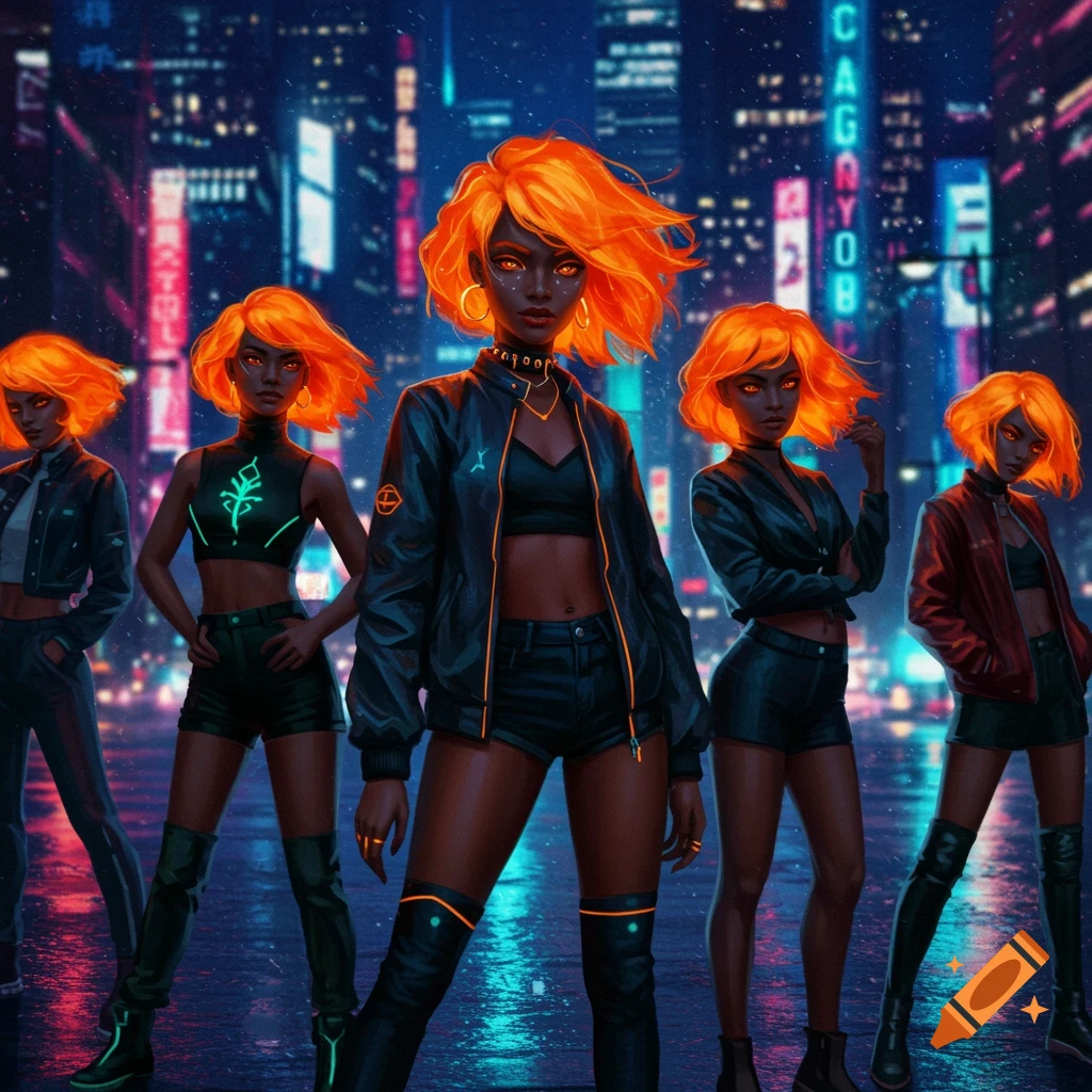 Five women with dark skin, glowing orange hair, and cyberpunk outfits stand on a wet street in a rainy, neon-lit city at night.